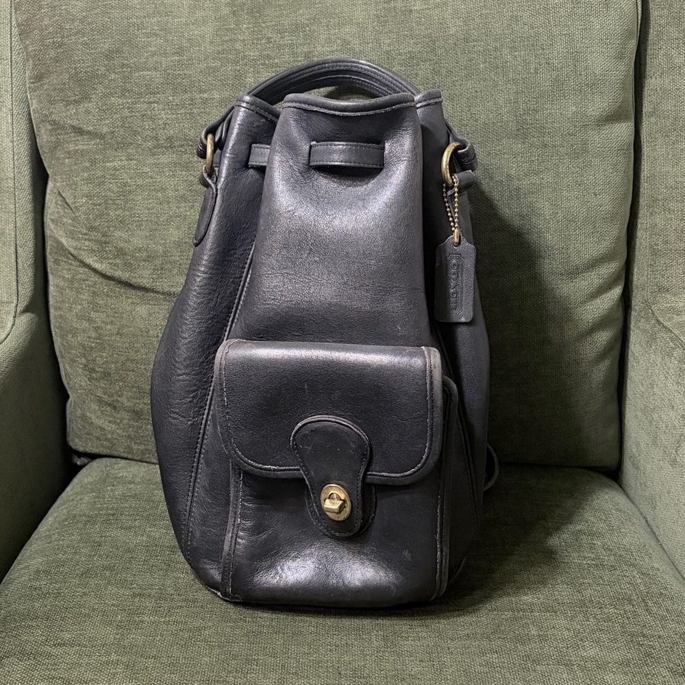 Vintage Coach 9992 Black Leather Drawstring Backpack